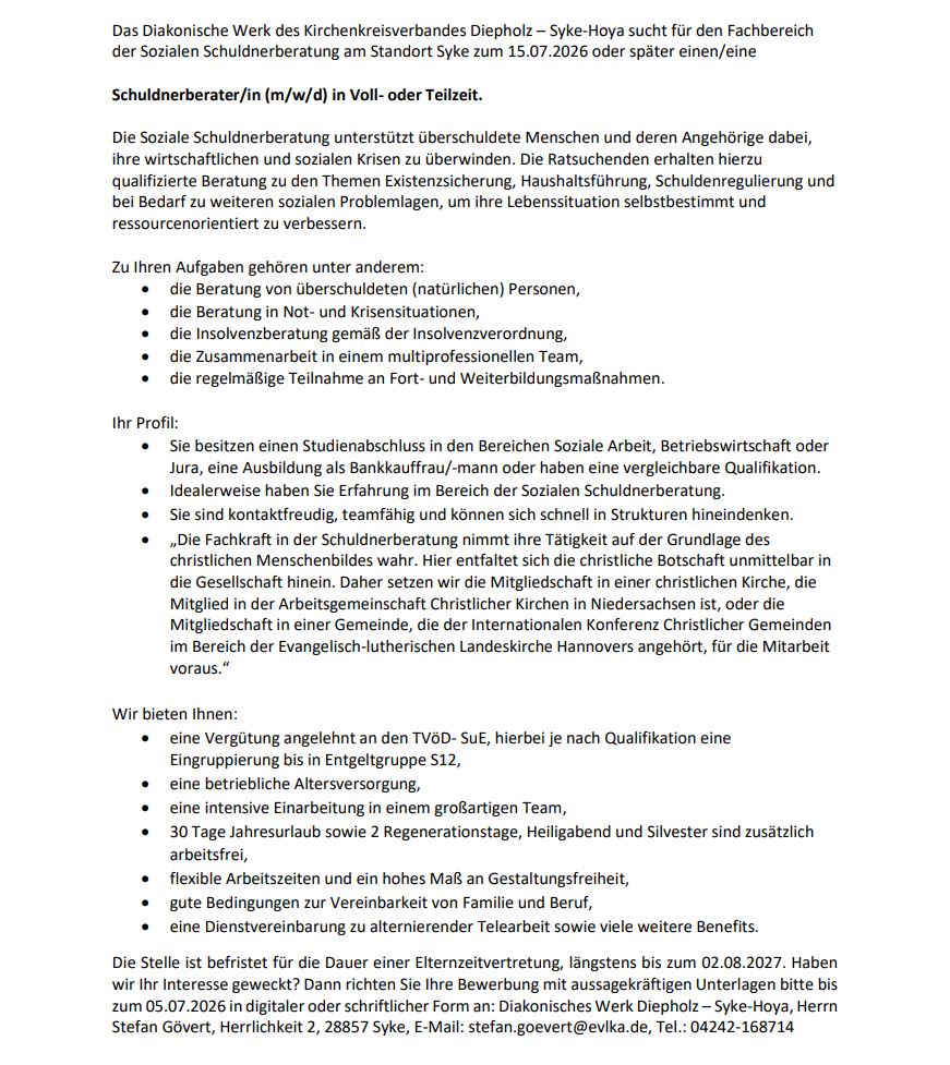 Schuldnerberater/in bzw. Sozialarbeiter/in (m/w/d) in Voll- oder Teilzeit für den Standort Syke gesucht